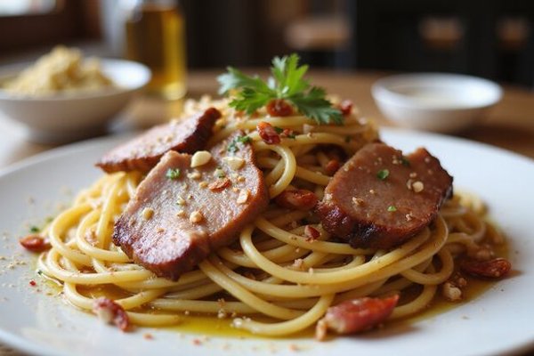 Smoked duck aglio olio pasta