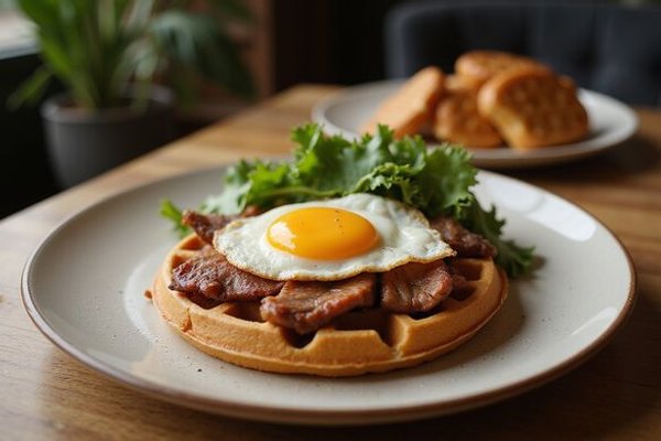Signature smoked duck and eggs waffle