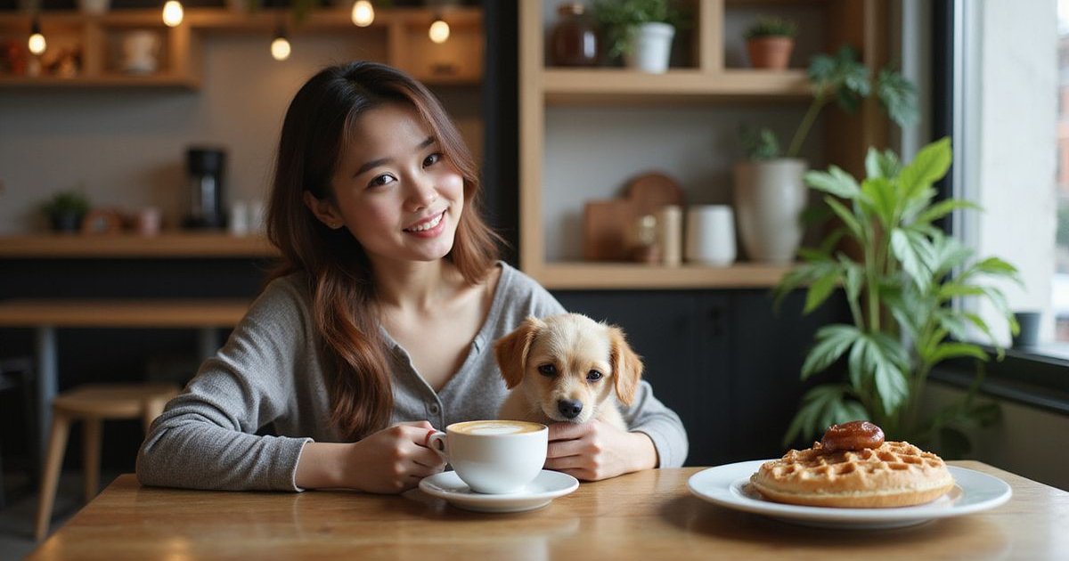 Happy pet owner with dog at a pet-friendly cafe in KL