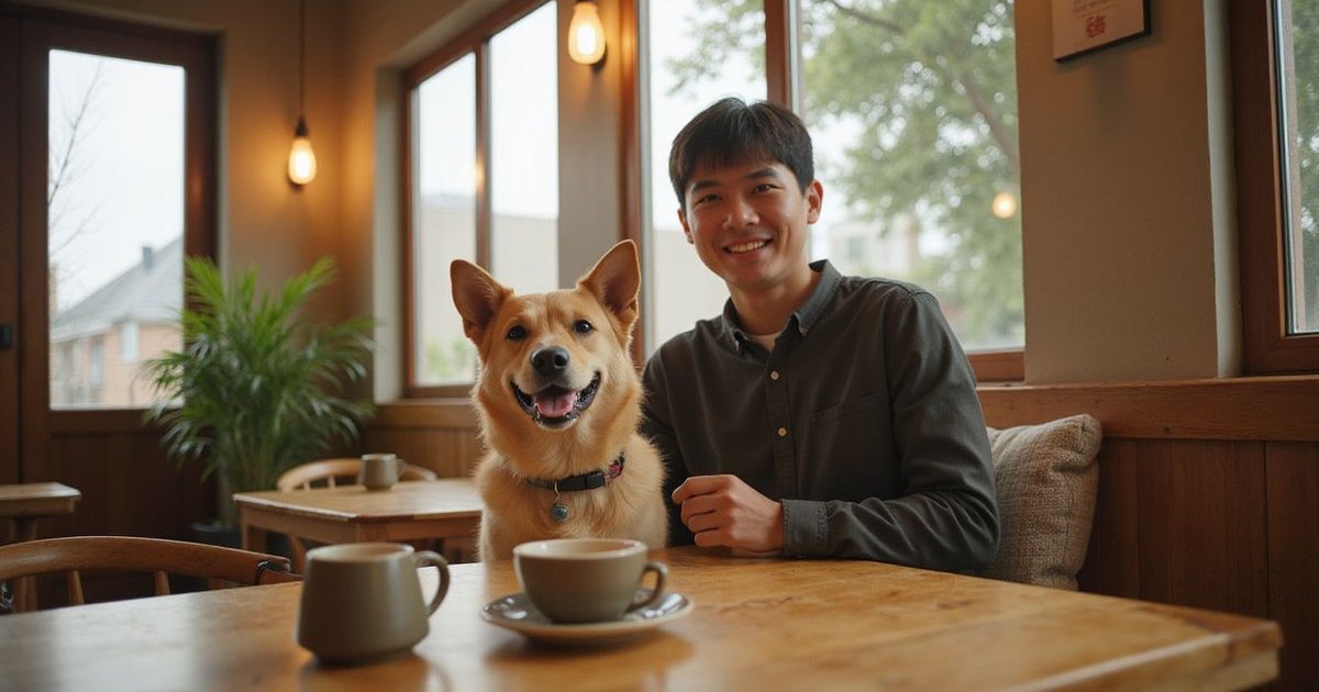 Comfortable indoor cafe setting with pet owner and dog