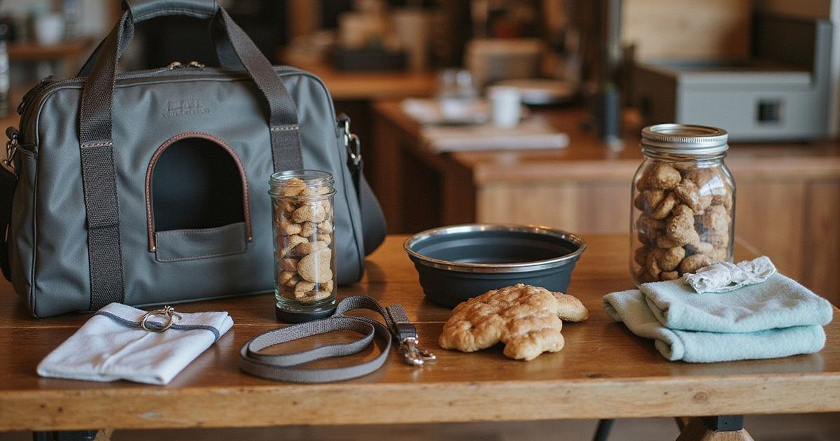 Pet cafe essentials laid out including carrier, water bowl, and treats