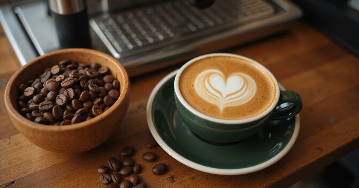 Specialty coffee setup with beans, espresso machine, and latte art